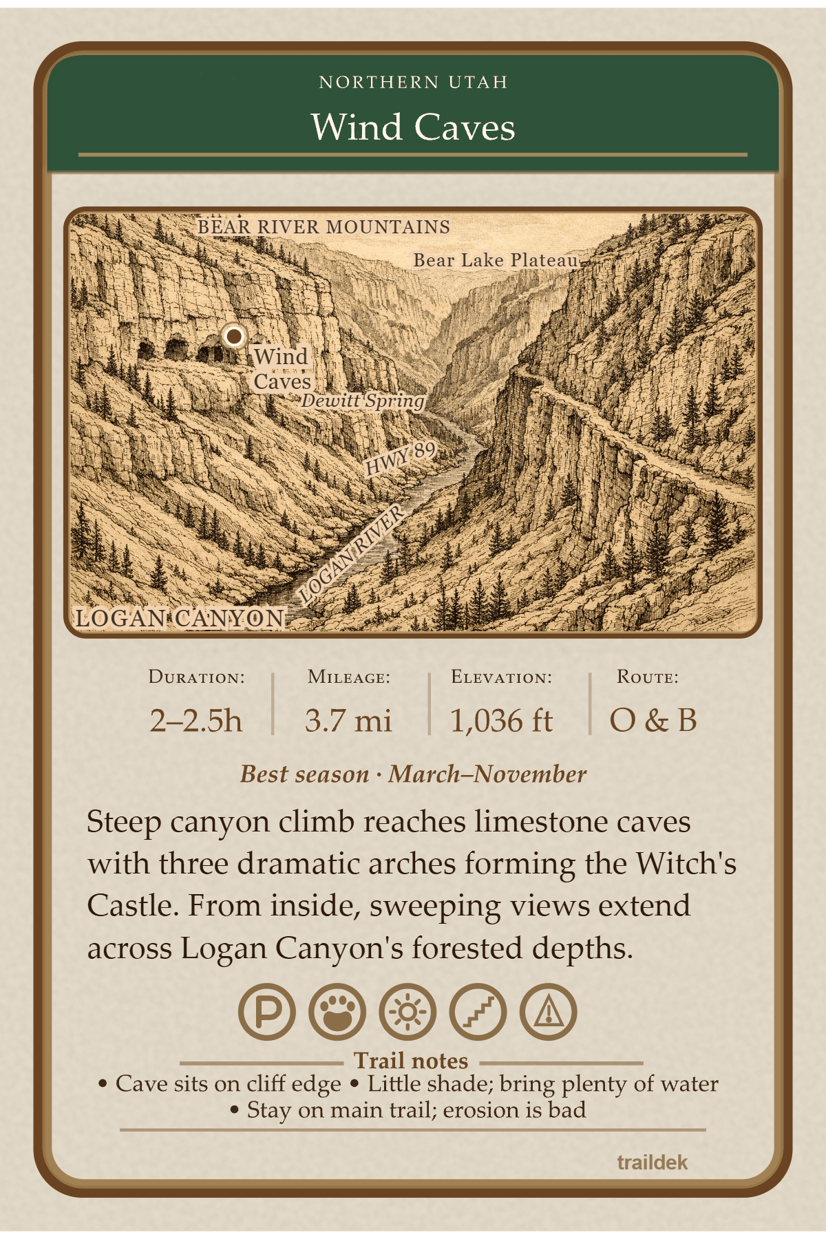 Wind Caves trail card - back with map and trail info