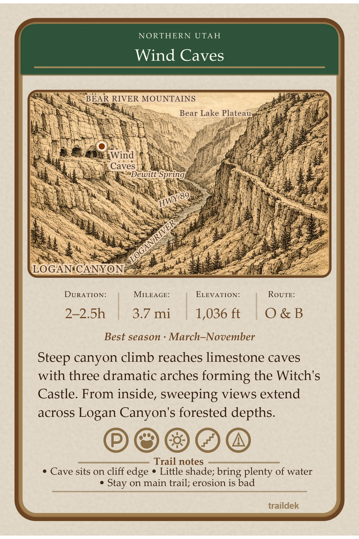 Wind Caves trail card - back with map and trail info