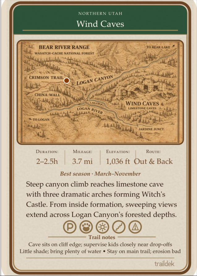 Example Traildek trail card showing Wind Caves hike with topographic map, trail stats, and icon key